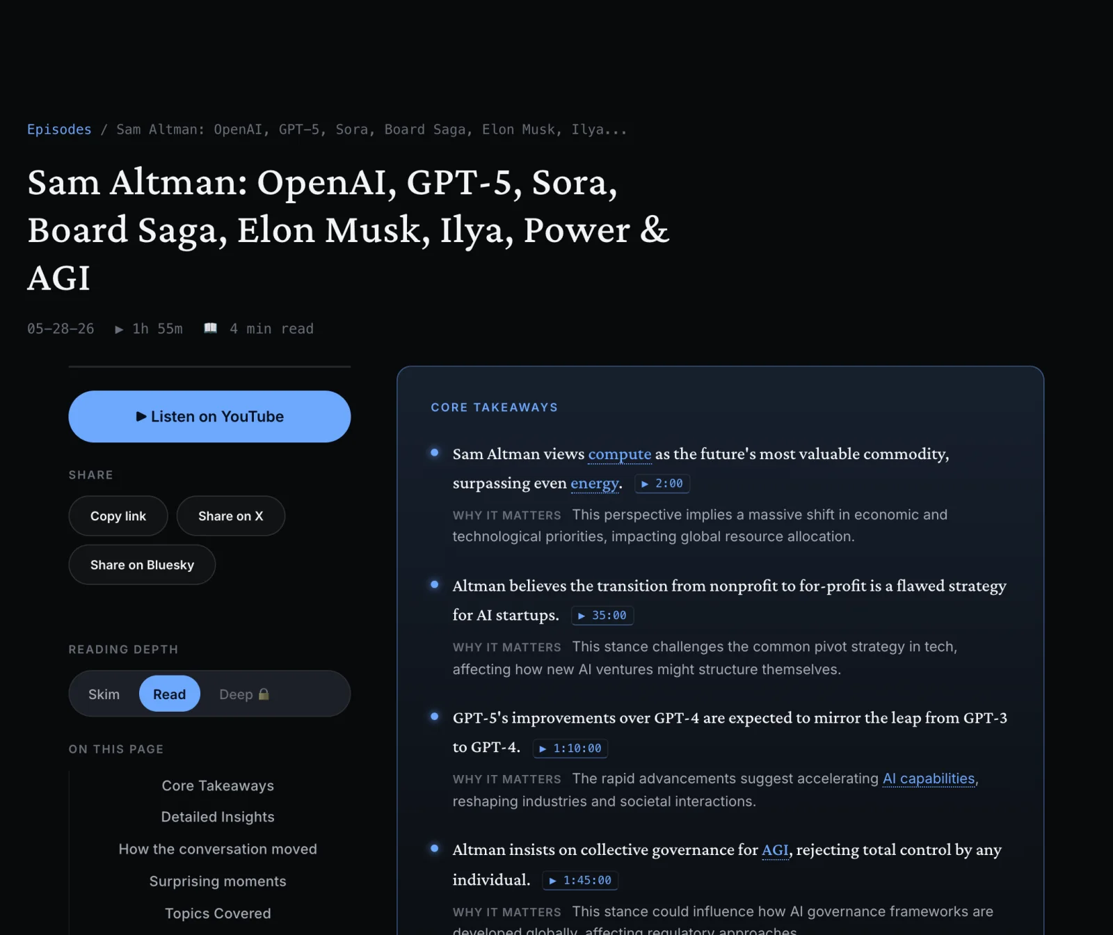an episode summary with the Skim/Read/Deep toggle, core takeaways, and timestamped quotes